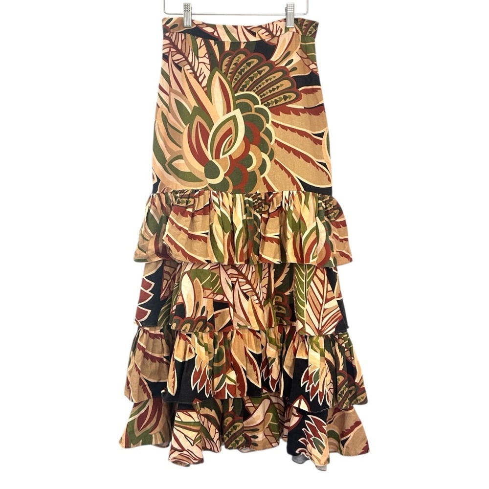 ZARA Linen Blend Tropical Leaf Print Ruffled Maxi Skirt Size S Resortwear Party